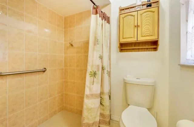 a bathroom with a toilet shower and a sink