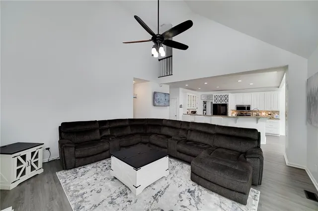 a view of a hallway with windows