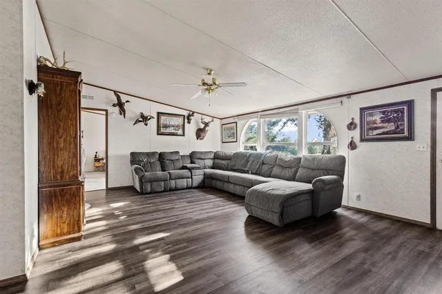 a living room with furniture and a ceiling fan