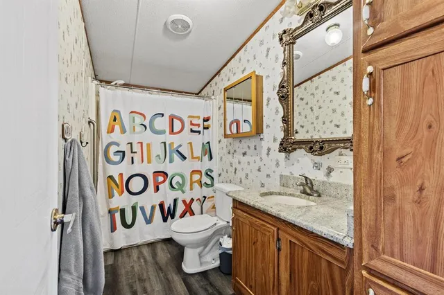 a bathroom with a granite countertop toilet sink and a shower curtain