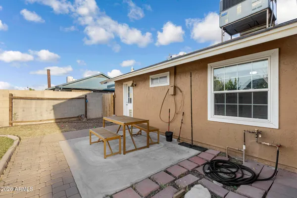 a building outdoor space with patio furniture