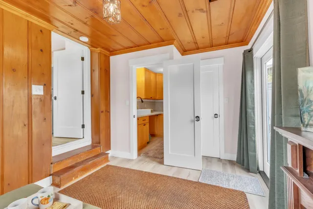 an aerial view of a house with outdoor space