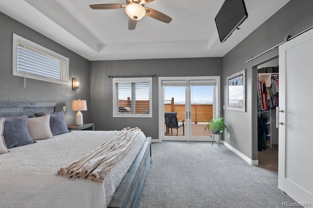 3050 Native Court Wellington, CO 80549 - Photo 23 of 50 a bedroom with a large bed and a chandelier