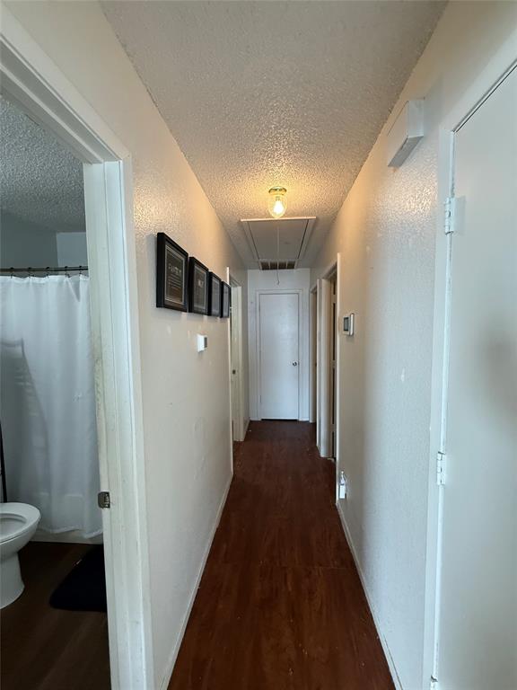 509 Bethlehem Street Terrell, TX 75160 - Photo 11 of 13 Hallway featuring attic access, a textured ceiling, dark wood-style flooring, and a textured wall