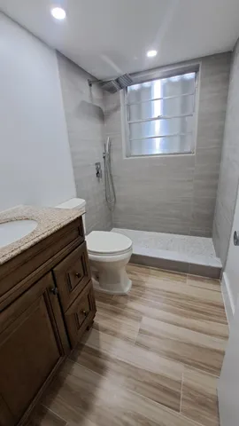 a bathroom with a sink a toilet and shower