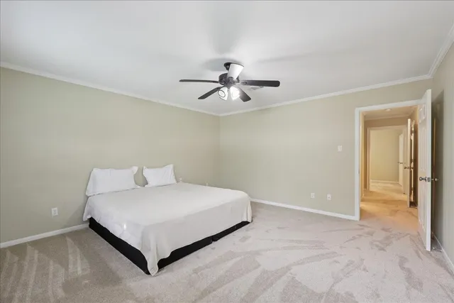 a bedroom with a bed and a ceiling fan