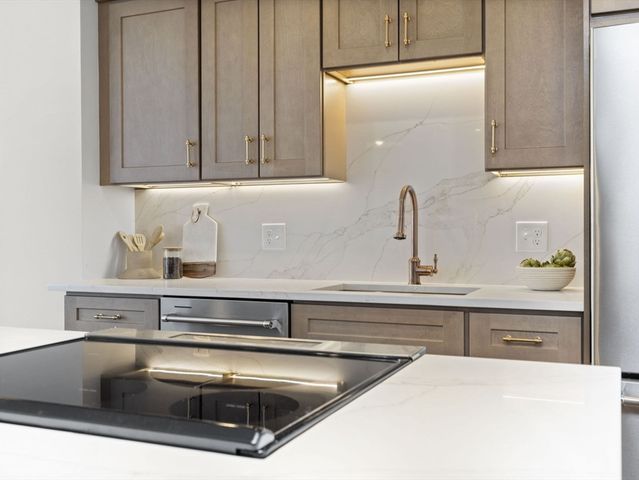a sink with a stove and cabinets
