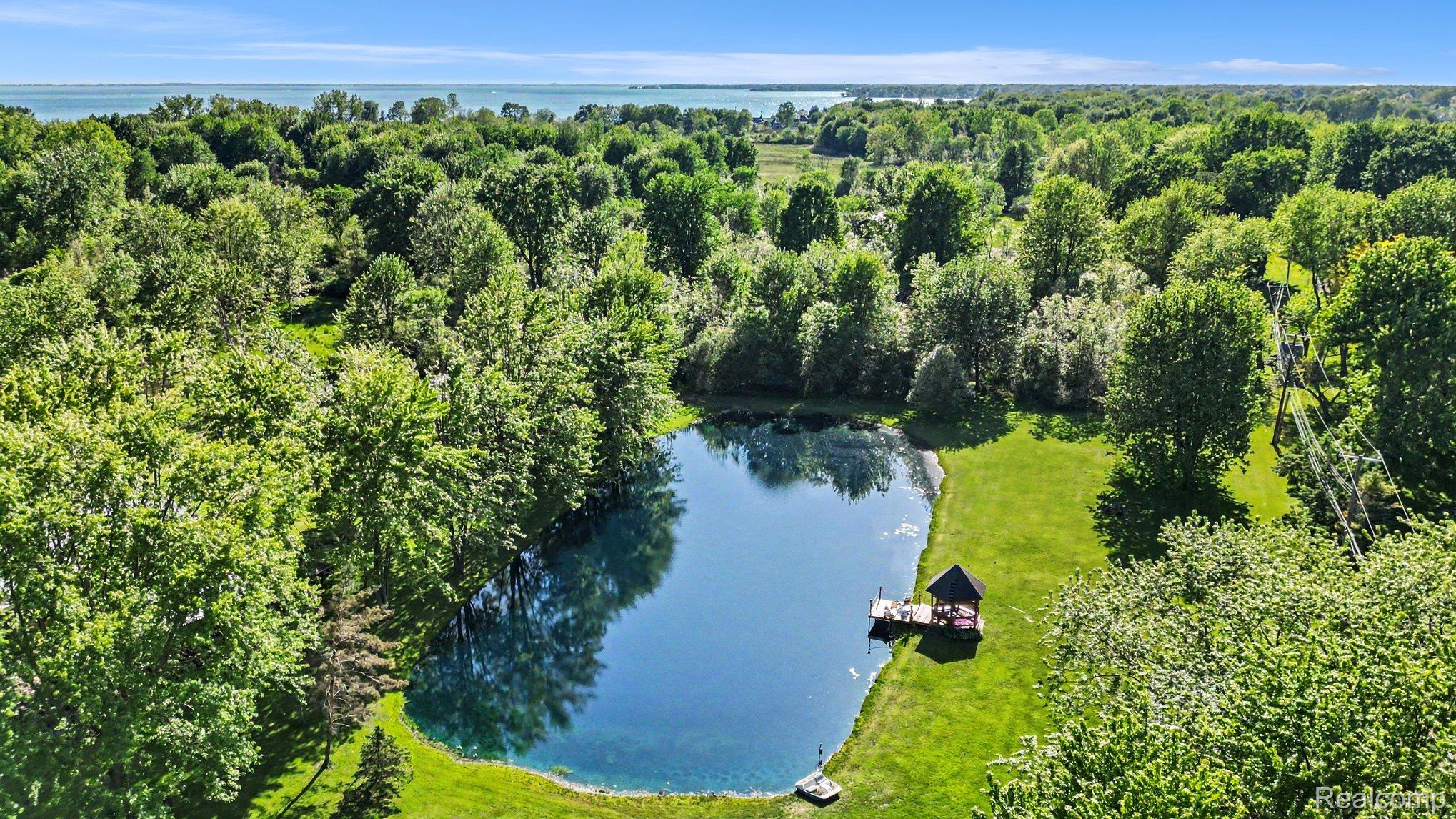 7020 Meldrum Road Fair Haven, MI 48023 - Photo 5 of 43 Private pond with a dock and covered gazebo, surrounded by mature trees and manicured lawn