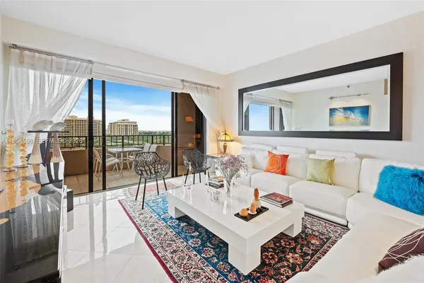 a living room with furniture and a floor to ceiling window