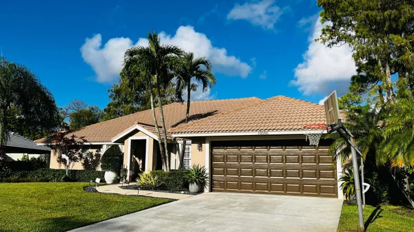 a view of a white house with a small yard plants and a large tree
