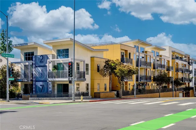 a front view of a building with street view