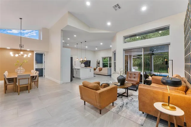 a view of a dining room with furniture window and outside view