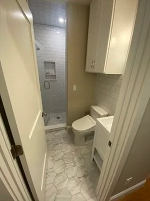 a bathroom with a sink a toilet and a shower