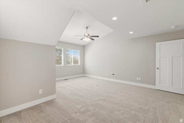 847 225 South Springville, UT 84663 - Photo 12 of 23 Spacious room featuring neutral carpeting, a ceiling fan, recessed lighting, and multiple windows with blinds