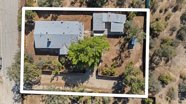 aerial view of a house with a yard and large tree