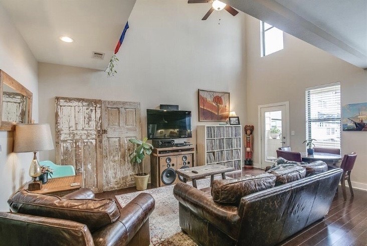 1703 Patterson Street, Unit B Houston, TX 77007 - Photo 4 of 26 a living room with fireplace furniture and a flat screen tv