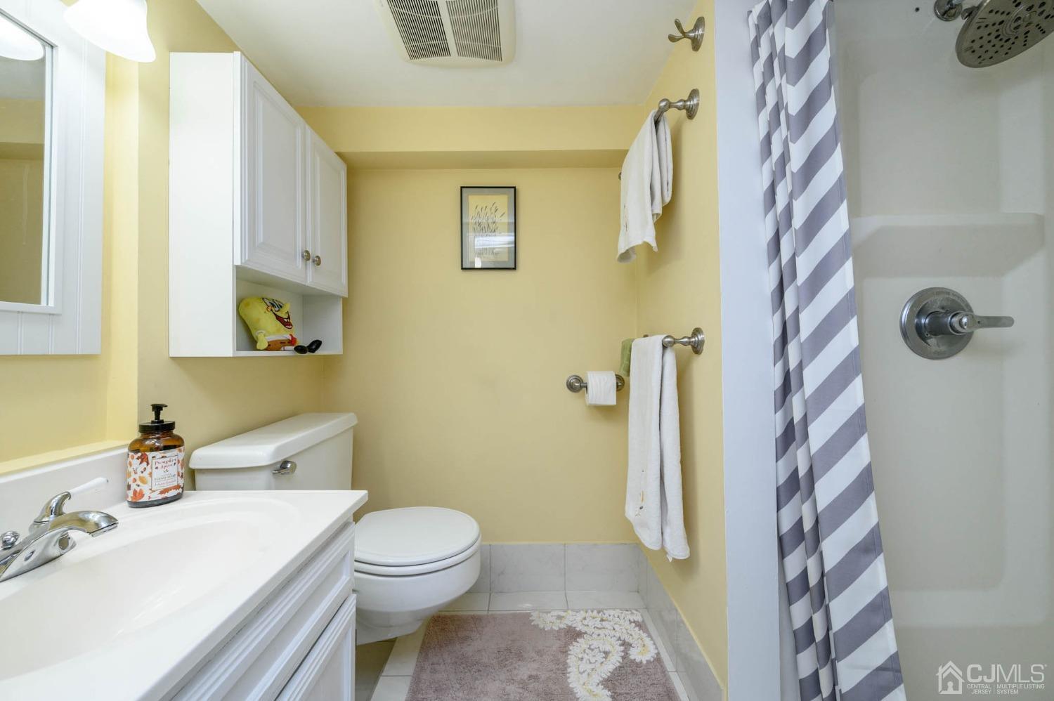 1221 Beech Avenue Mountainside, NJ 07092 - Photo 34 of 46 a bathroom with a sink a toilet and shower curtain