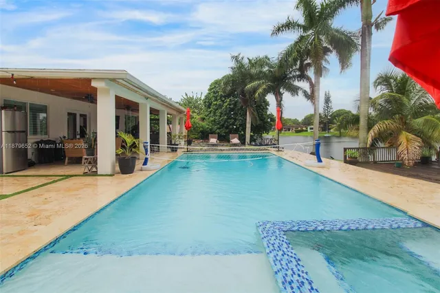 a view of a swimming pool with a lawn chairs under palm trees