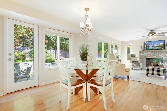 a view of a dining room with furniture window and outside view