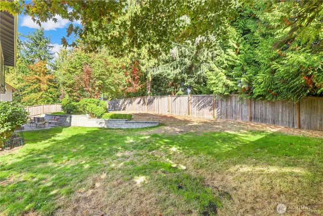 a view of a backyard with a small cabin