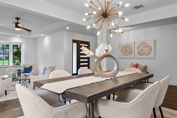 a view of a dining room with furniture