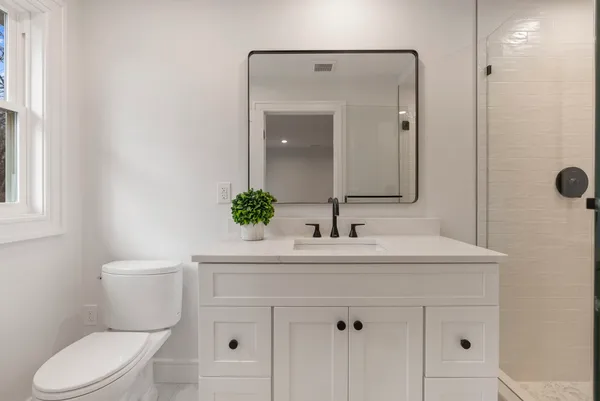 a bathroom with a sink toilet a mirror and shower
