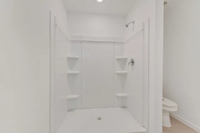 a bathroom with a shower and toilet