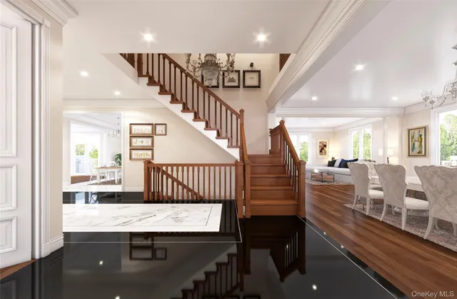 a view of a living room and dining room