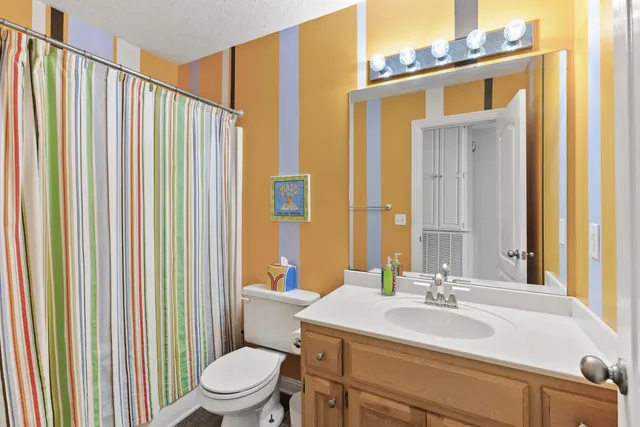 a bathroom with a sink a toilet and shower curtain