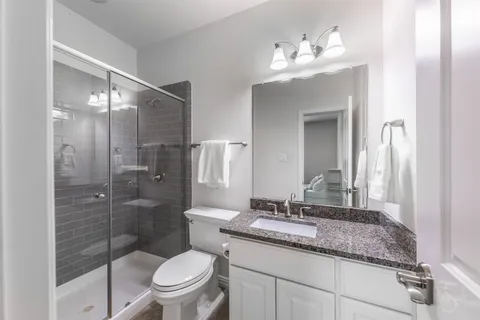 a bathroom with a granite countertop sink a toilet and shower