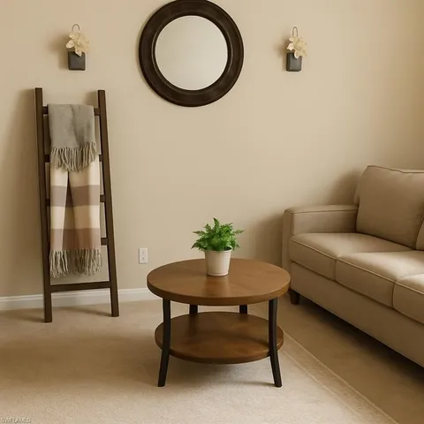a living room with furniture a rug and a potted plant