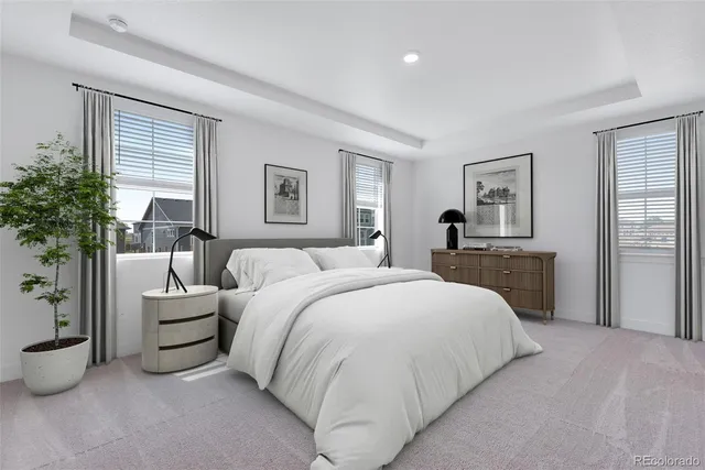 a spacious bedroom with a large bed and a potted plant