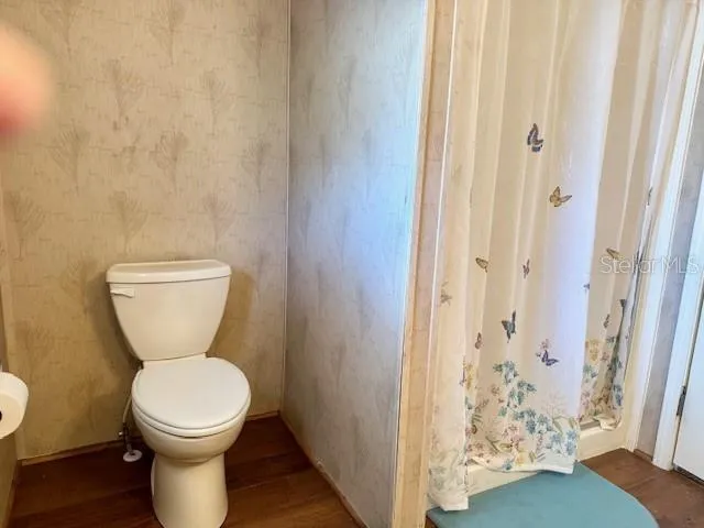 a bathroom with a toilet and a shower curtain