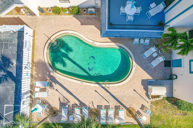 a view of a swimming pool with a yard and plants