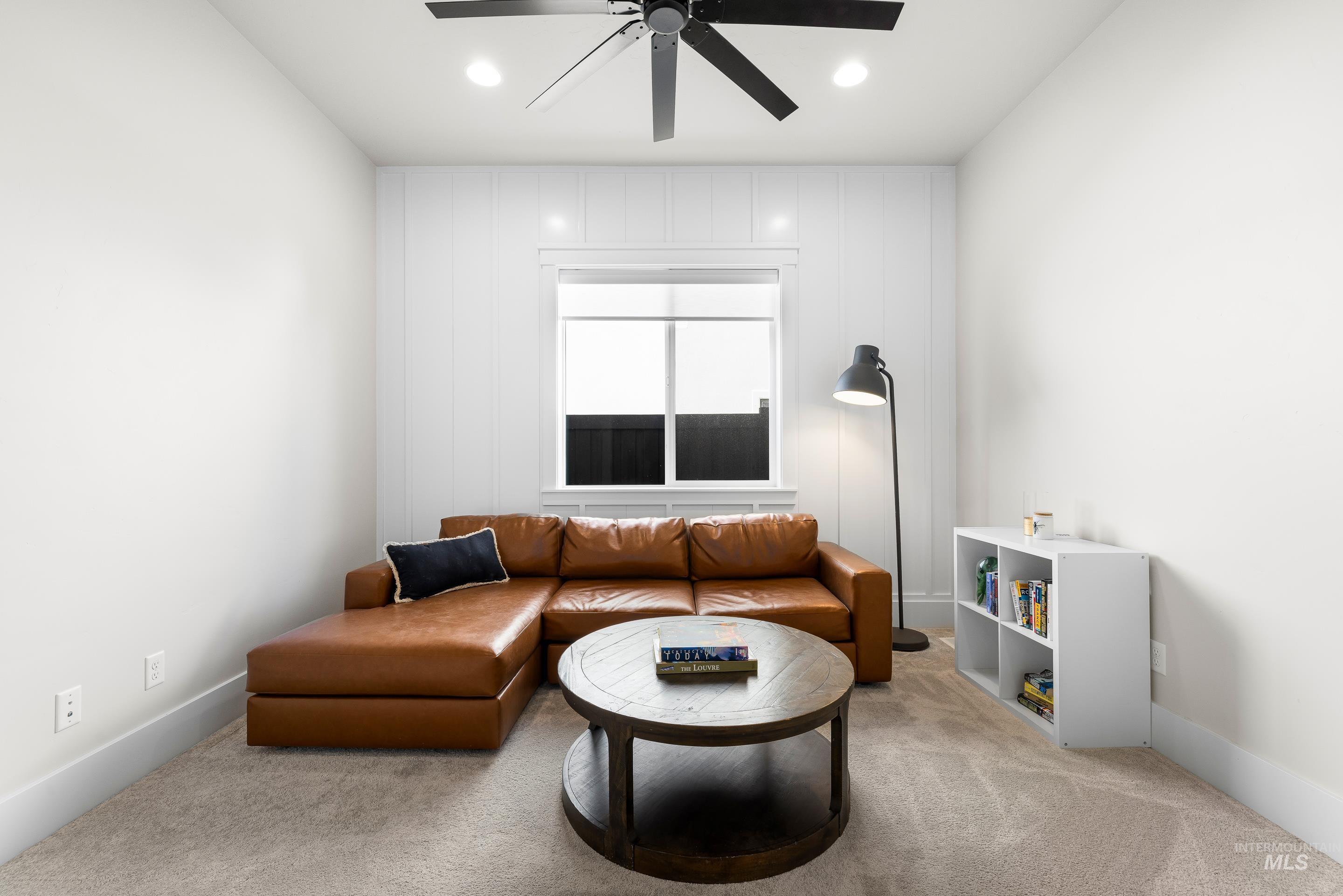 4217 North Bryant Way Meridian, ID 83646 - Photo 31 of 46 Living room with light carpet, ceiling fan, and recessed lighting
