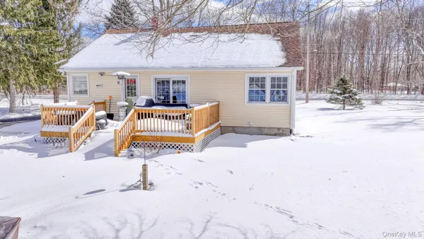 a view of a house with a snow in the background
