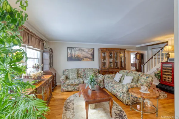 a living room with furniture and a potted plant