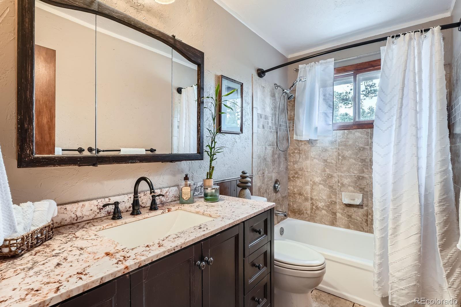 34886 Mohawk Trail Pine, CO 80470 - Photo 8 of 34 a bathroom with a granite countertop sink toilet and shower