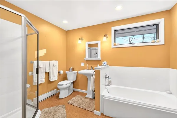 a bathroom with a bathtub and a toilet