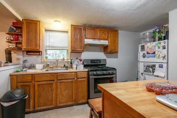 a kitchen with a stove a sink and a refrigerator