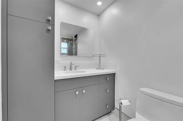 a bathroom with a toilet a sink a mirror and vanity