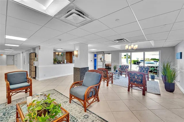 a living room with patio furniture and a potted plant