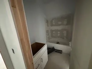 a bathroom with a sink and a shower
