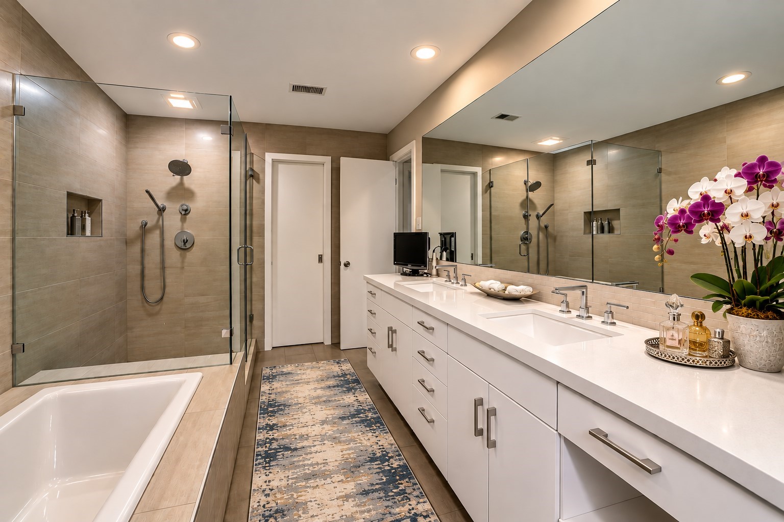 5626 Hummingbird Street Houston, TX 77096 - Photo 18 of 34 VIRTUALLY STAGED. In the primary bath, muted neutral colors provide a calming experience. A long stone topped vanity with dual sinks with excellent storage below backs to an extra large glass shower, and then a long deep soaking tub. Recessed lighting above make sure that there is more than ample light when getting ready.