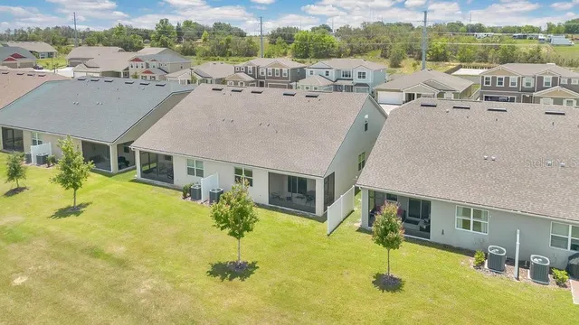 an aerial view of a house with a swimming pool