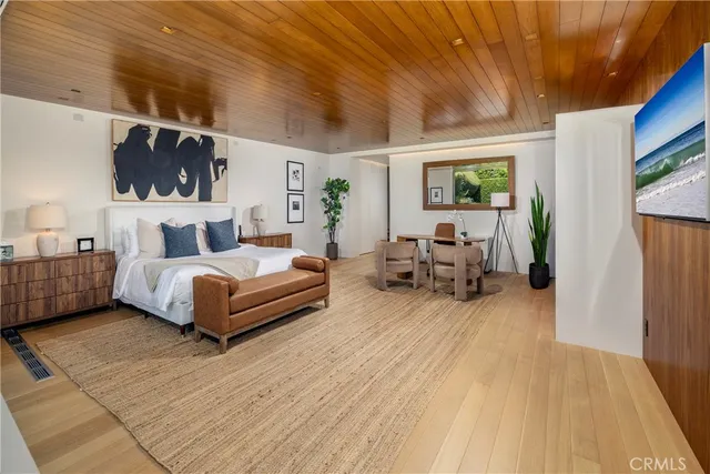 a bedroom with furniture and a wooden floor