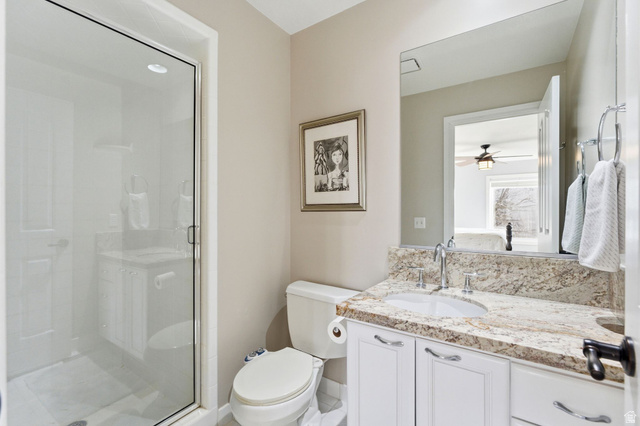 1878 East Ridge Point Drive Bountiful, UT 84010 - Photo 35 of 92 Full bath featuring vanity, a stall shower, and a ceiling fan