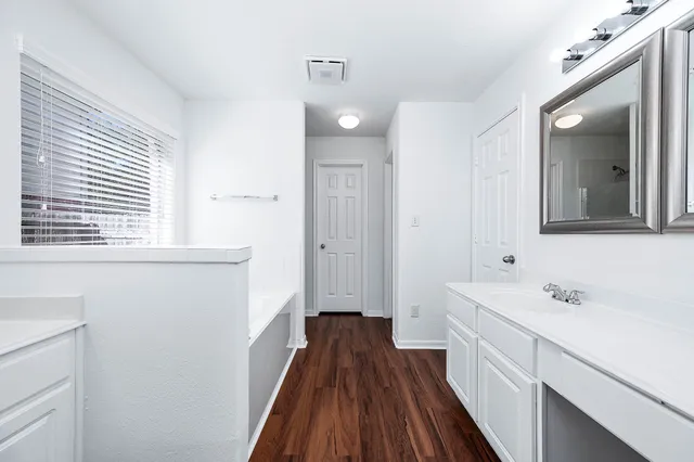 a bathroom with a sink a large mirror a vanity and a shower