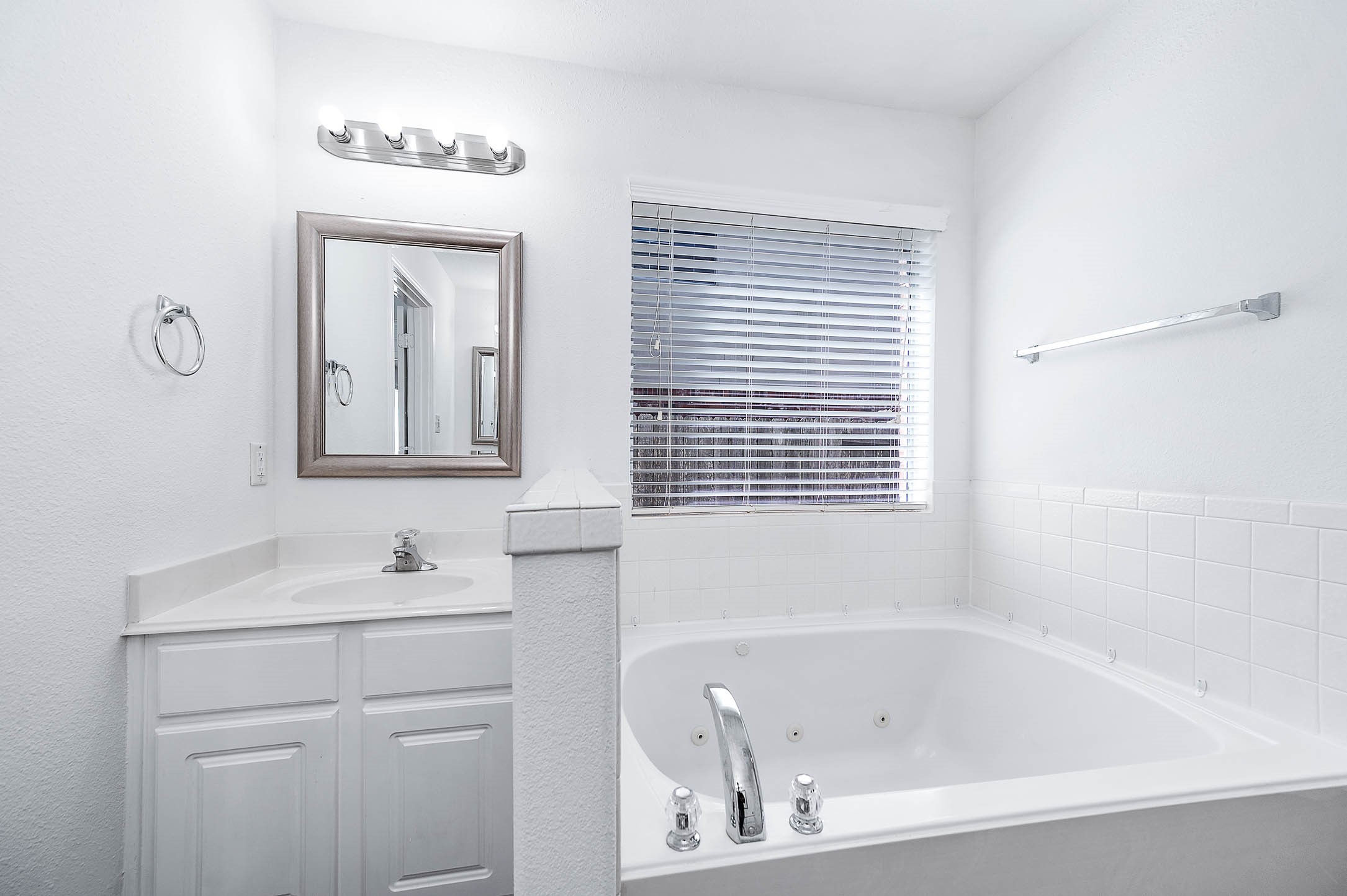 13402 Timber Oak Court Rosharon, TX 77583 - Photo 19 of 34 a bathroom with a bathtub sink and mirror