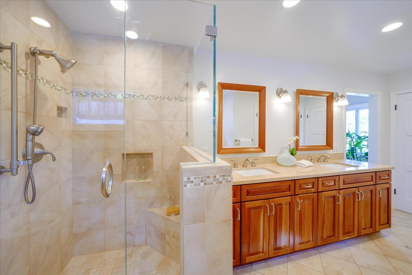1122 Southdown Road Hillsborough, CA 94010 - Photo 14 of 42 a bathroom with a granite countertop sink mirror and double